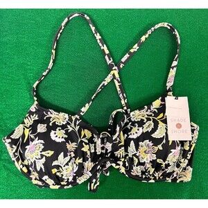 NEW Shade & Shore Women's Underwire Tie Cross Bikini Top Black Floral Print 36D